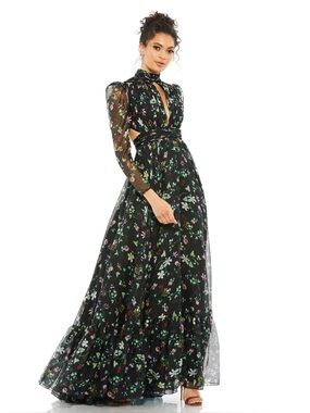 Mac Duggal Black 67942 Multi Floral Long Sleeve Lace Up Back Chiffon Gown